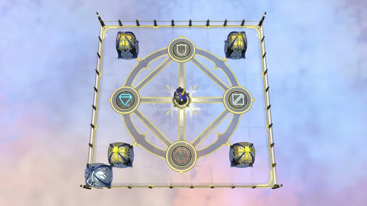 Order of the Sinking Star Antipode platform in the clouds with four world symbols around a ring and the Queen in the centre