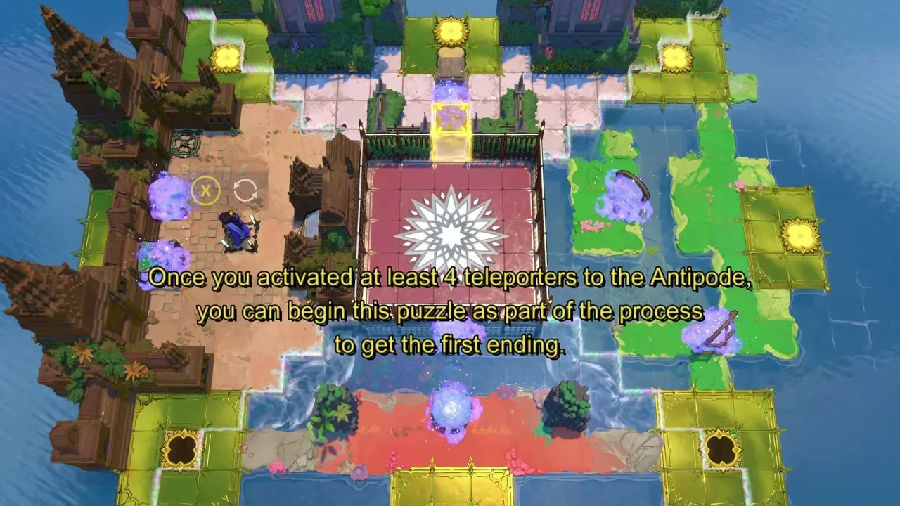 Order of the Sinking Star Antipode overworld puzzle with a red star platform surrounded by gold teleporter pads and the four worlds