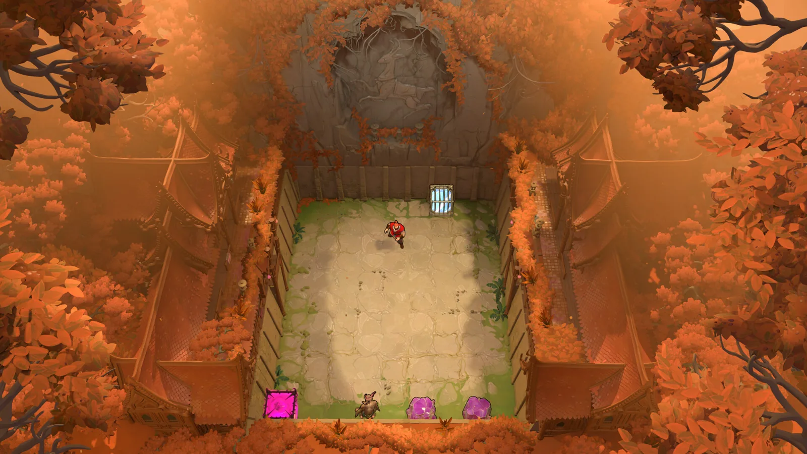 Order of the Sinking Star autumn courtyard puzzle room with orange foliage