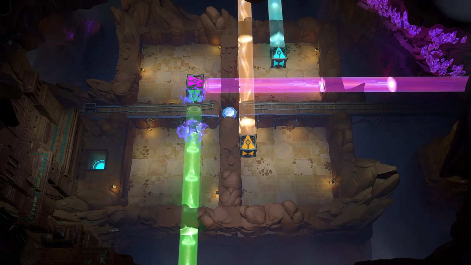 Order of the Sinking Star Cart, Rod puzzle 4 with violet, green and orange beams crossing a cave room