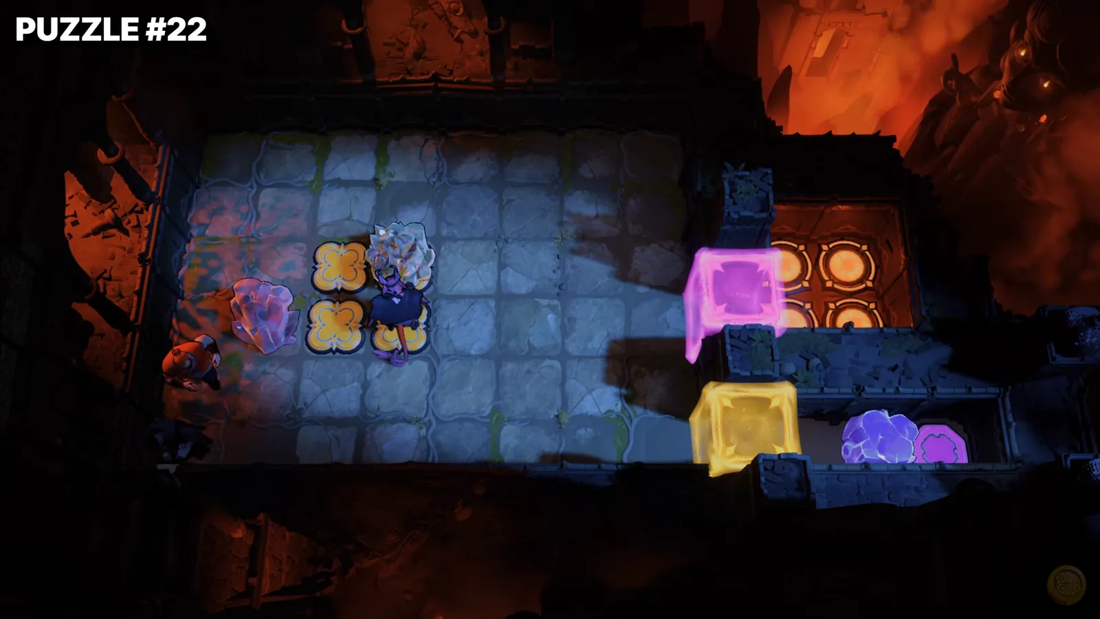 Order of the Sinking Star Heroes 3 puzzle with pink and yellow crystals next to orange buttons