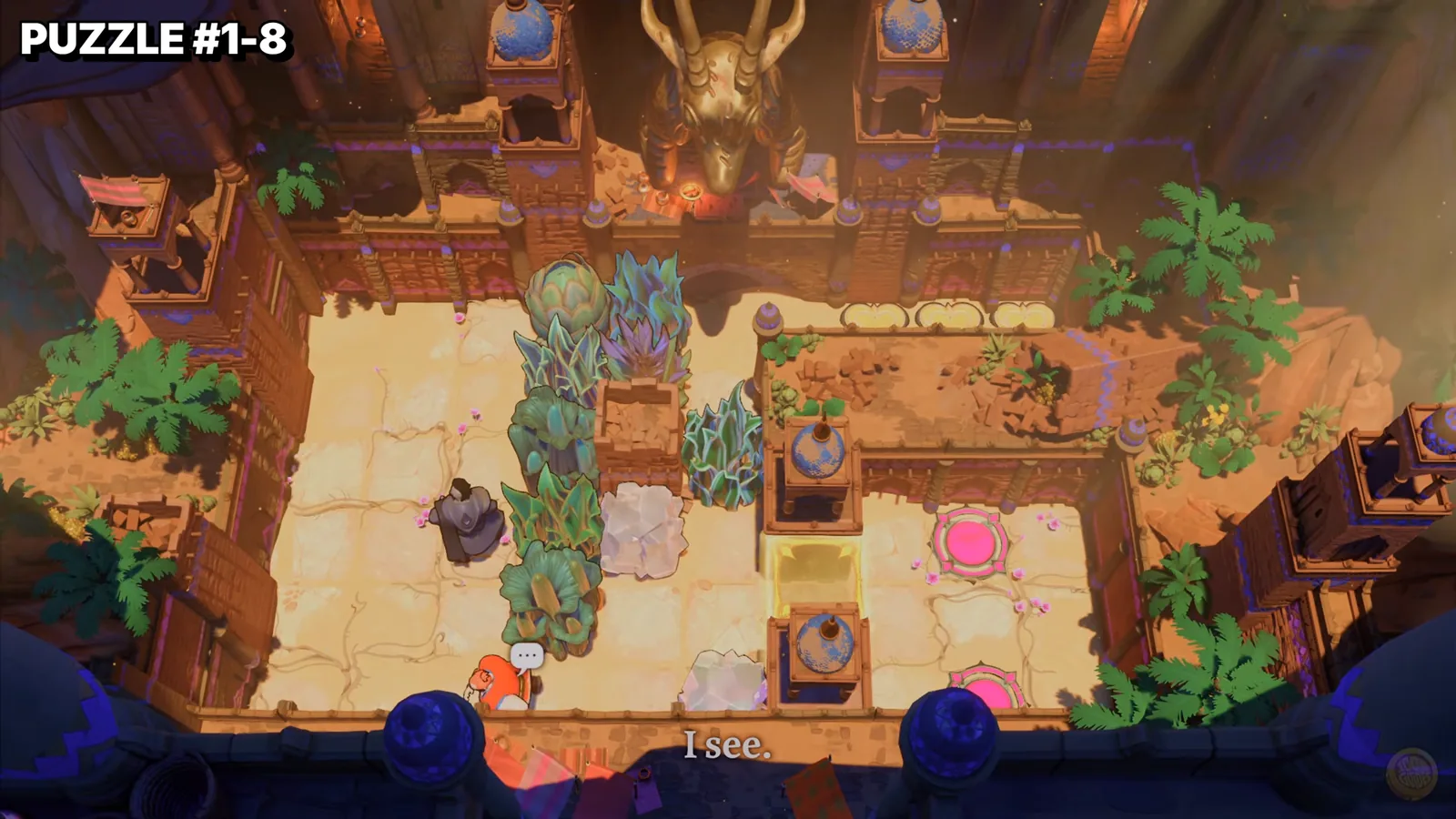 Order of the Sinking Star Heroes 3 Bard Druid room with plants, crystals and pink buttons