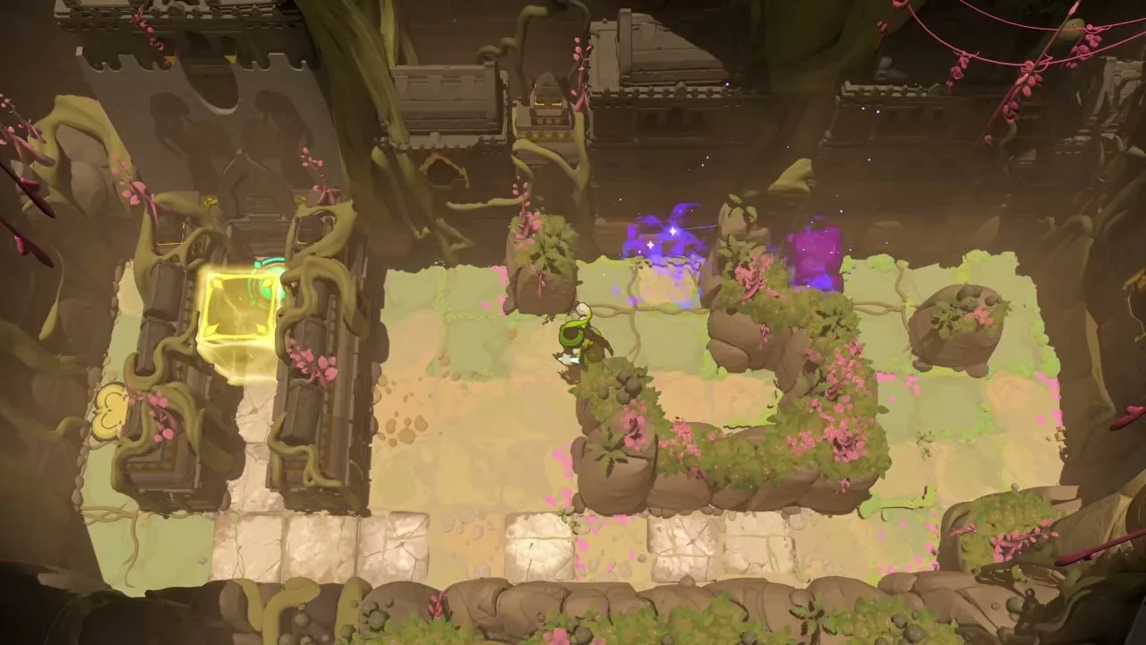 Order of the Sinking Star Heroes and Artifacts puzzle 1 with the green hero between rock walls and a yellow block