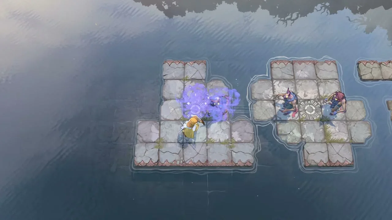 Order of the Sinking Star Heroes and Artifacts puzzle 10 with the gold-cloaked hero on stone platforms over water and two goblins