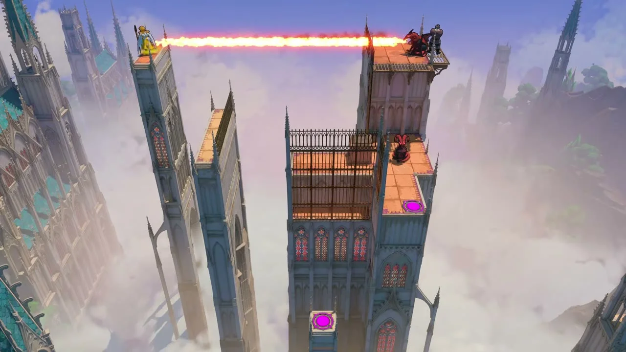 Order of the Sinking Star Heroes and Depth Priestess puzzle 5 with a stream of fire crossing between two cathedral towers above the clouds