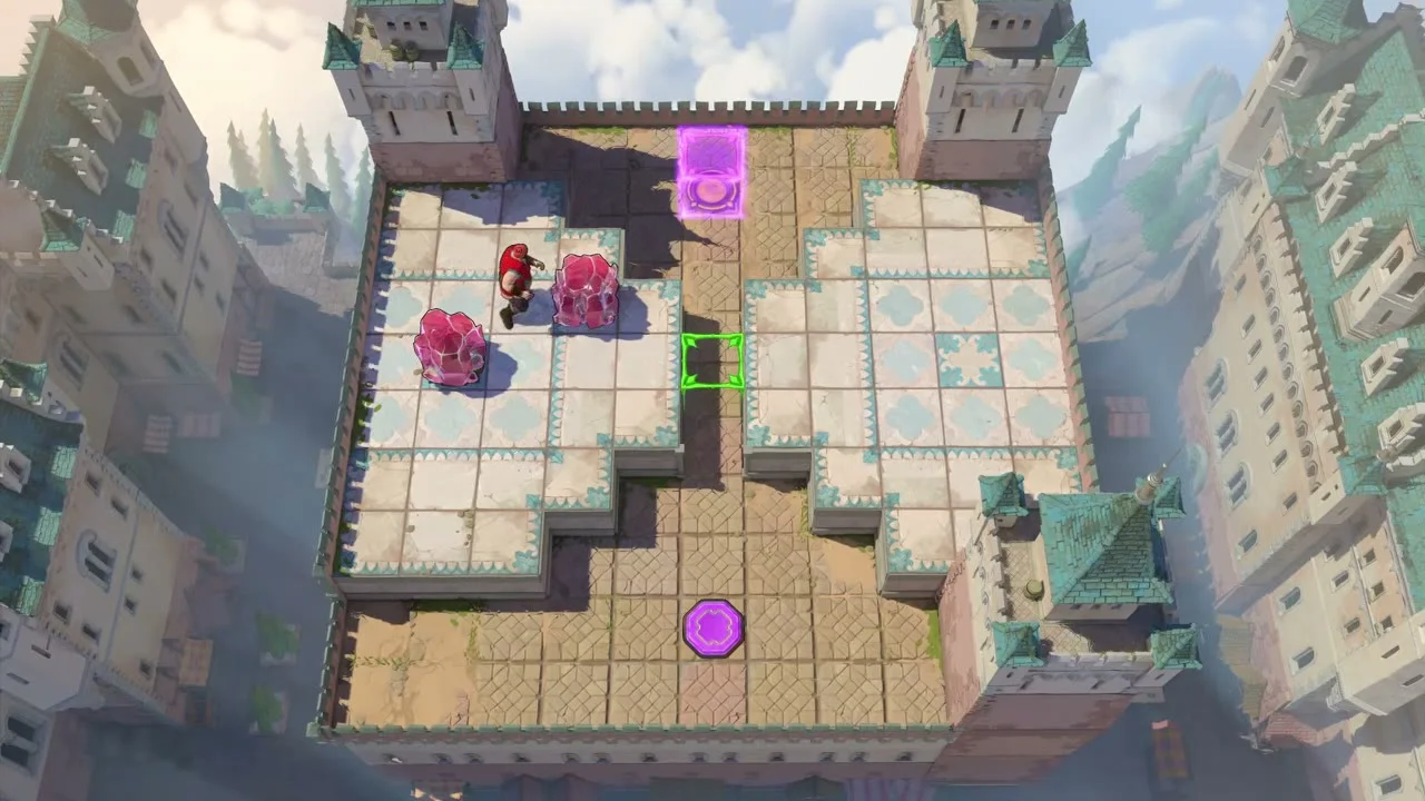 Order of the Sinking Star Heroes and Depth Warrior and Thief puzzle 1 on a castle rooftop with two pink crystals, a purple block and a purple floor button