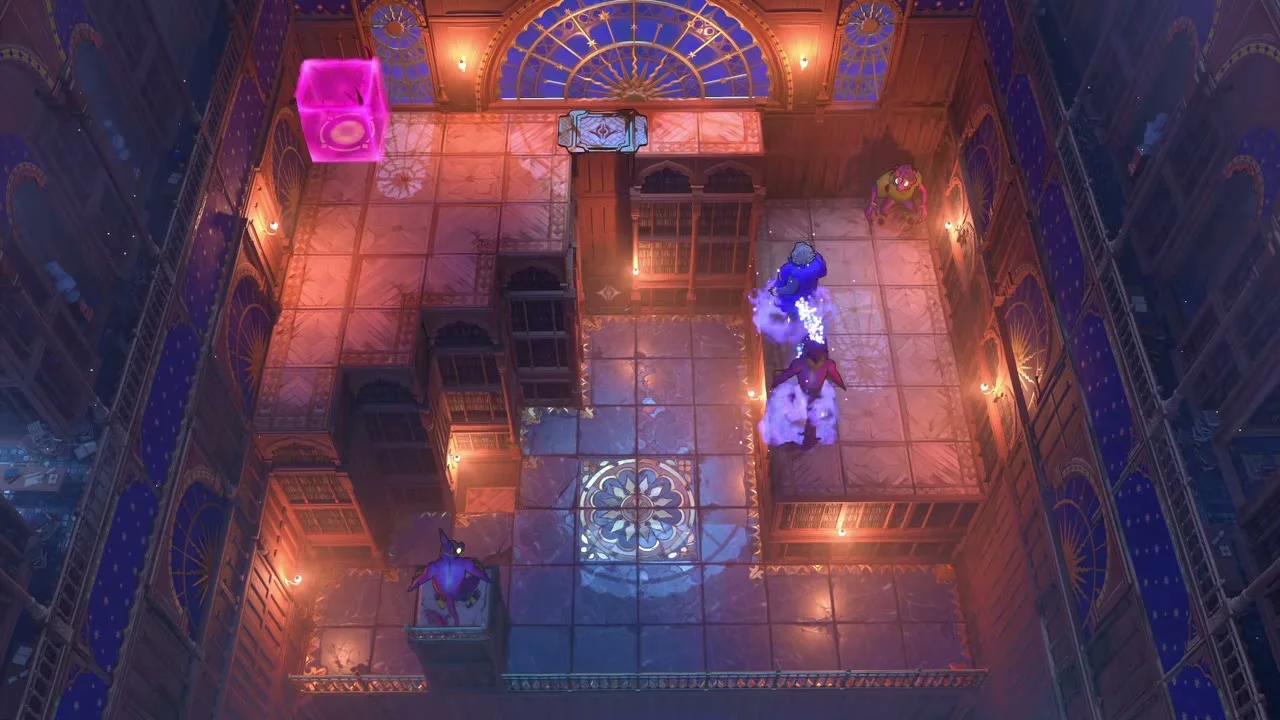 Order of the Sinking Star Heroes and Depth Wizard puzzle 4 in a candle-lit library room with a magenta block and a blue-robed wizard