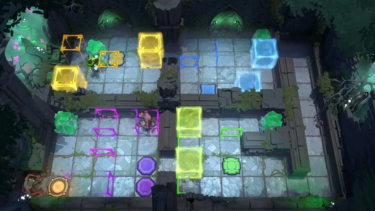 Order of the Sinking Star Heroes and Light puzzle 1 with yellow, blue, purple and green blocks and matching floor buttons