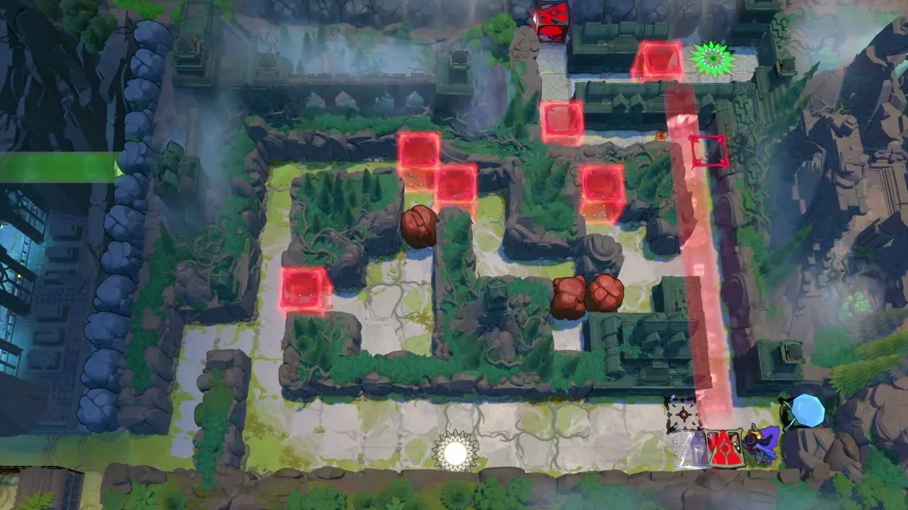 Order of the Sinking Star Heroes and Light overworld puzzle with red beams, red blocks and boulders in a hedge maze