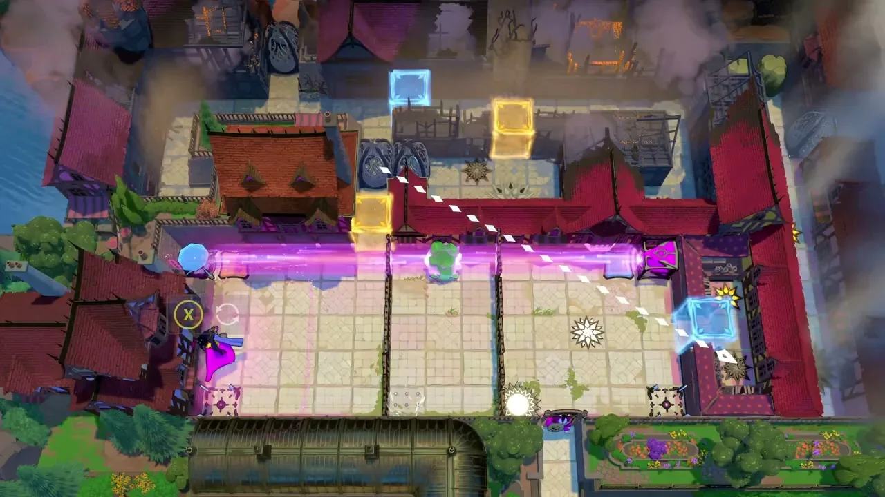 Order of the Sinking Star Heroes and Light Part 2 overworld courtyard with a pink beam, blue and yellow blocks