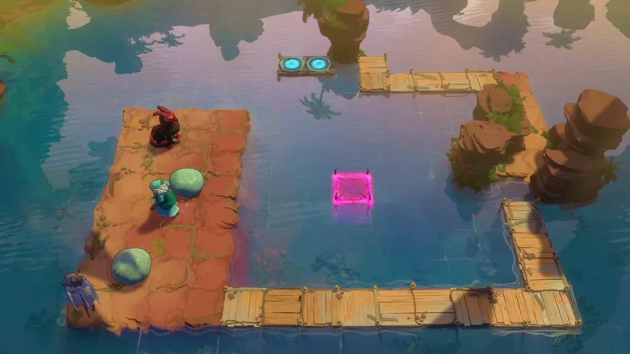 Order of the Sinking Star Heroes and Stones East puzzle with the druid, two green stones, a dragon and a pink gate over water