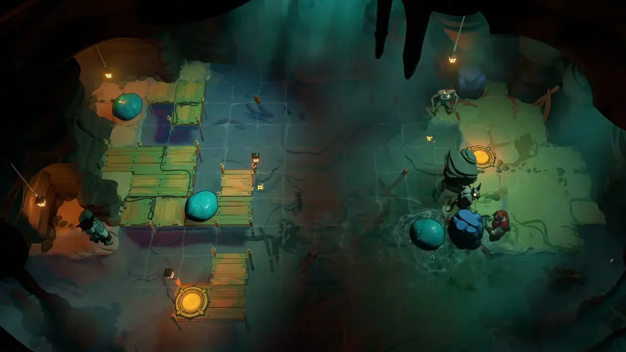 Order of the Sinking Star Heroes and Stones West cave puzzle with teal stones on wooden docks, goblins and a red hero