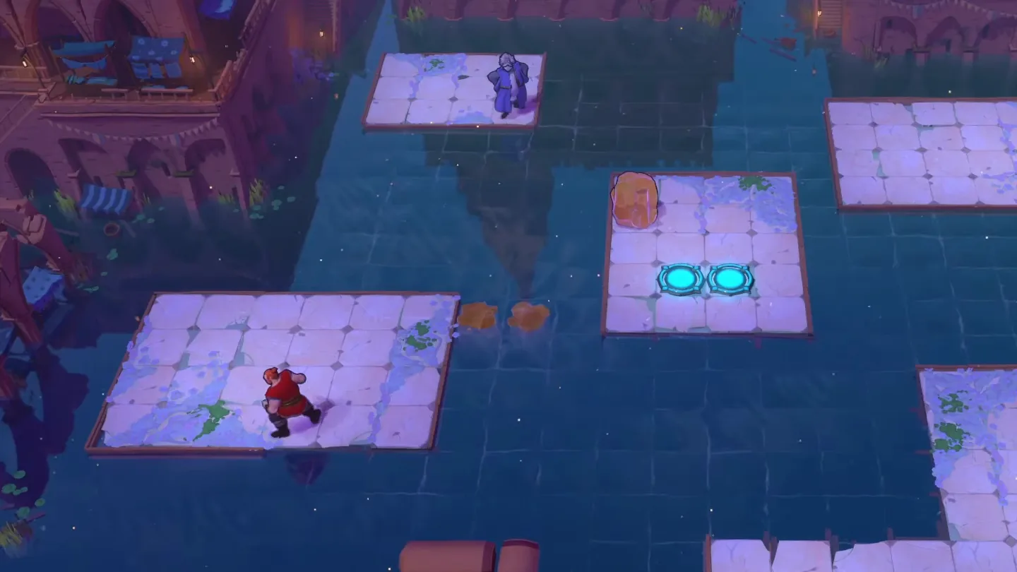 Order of the Sinking Star Heroes and Water platforms over water with red and purple heroes and monsters