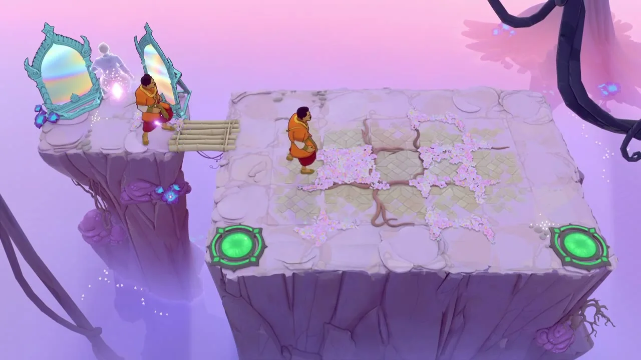 Order of the Sinking Star Heroes, Duplicated room with an orange-robed hero beside two rainbow mirrors and a second copy of him on a stone platform with two green goal pads