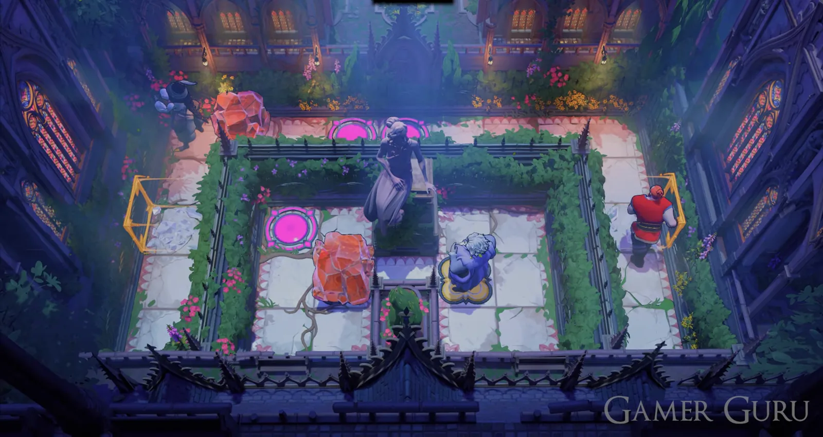 Order of the Sinking Star Heroes of Hauling room with red, green and purple heroes in separate cells