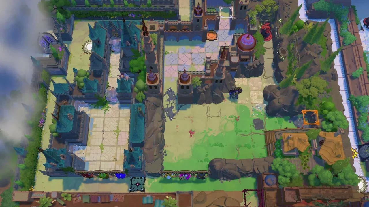 Order of the Sinking Star Heroes Together overworld puzzle with blue and teal buildings on the left and a green courtyard with a dragon on the right