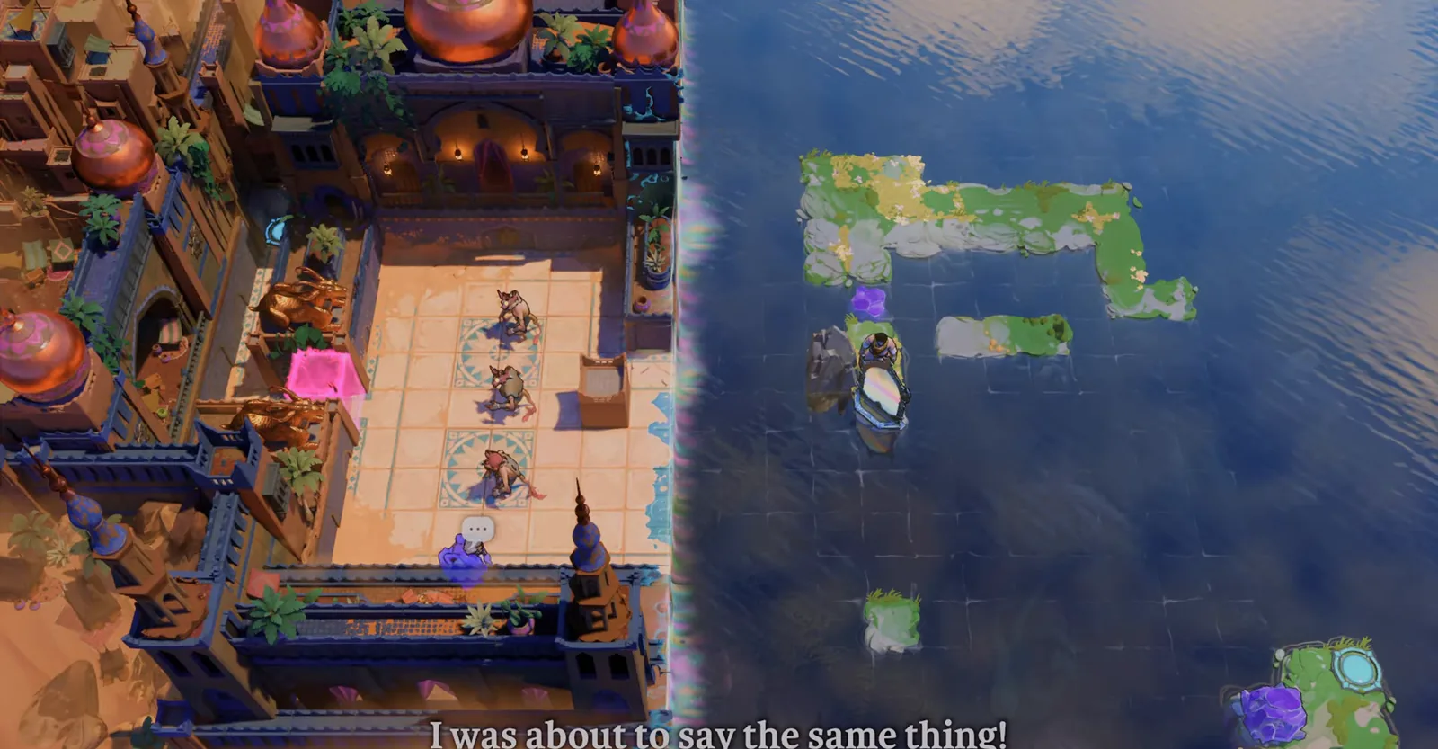 Order of the Sinking Star HxM Gold Room with three heroes on one side and a mirror island on the other