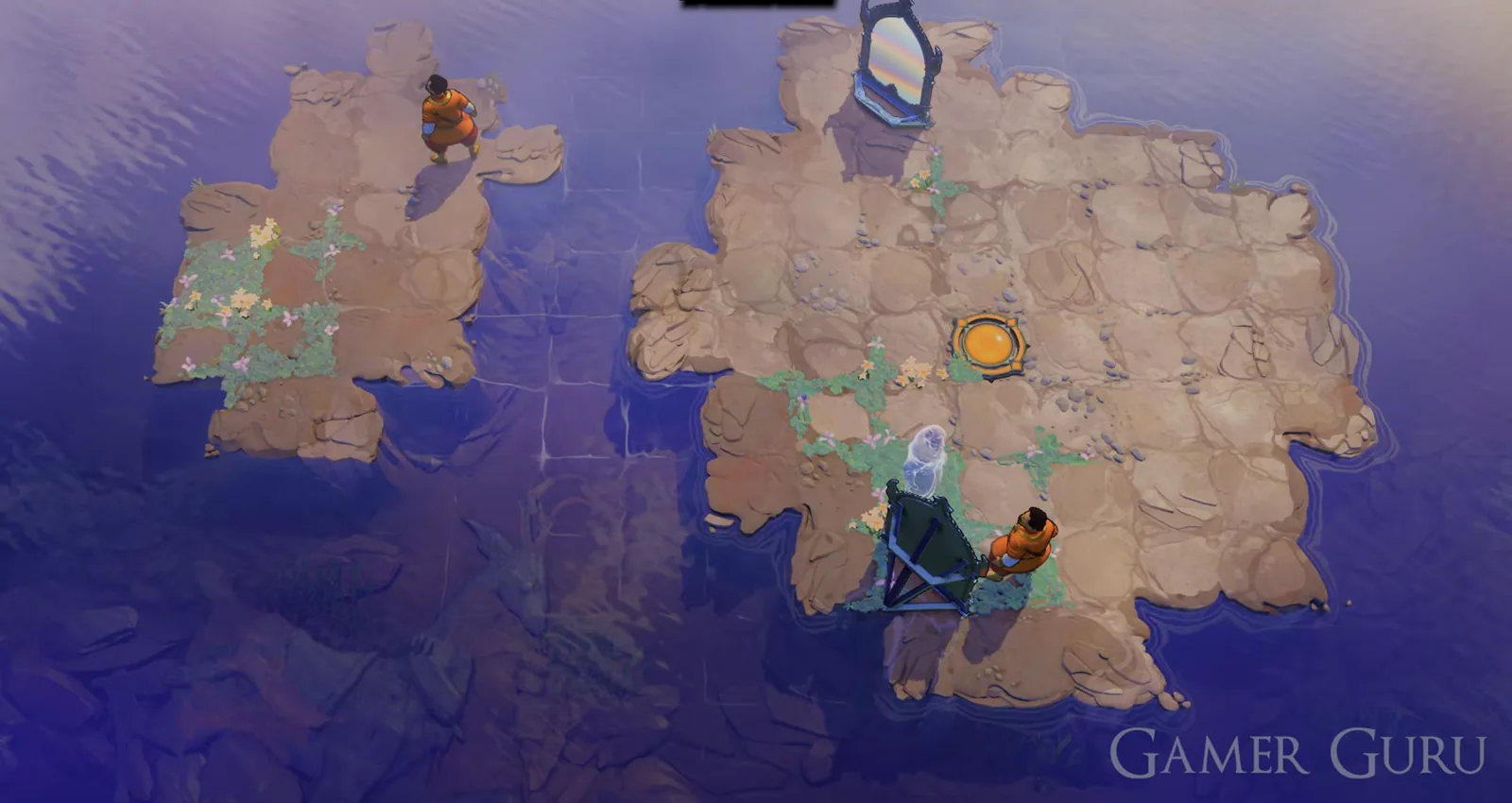 Order of the Sinking Star Mirror Isles final puzzle with two mirrors and a stone on sandy islands