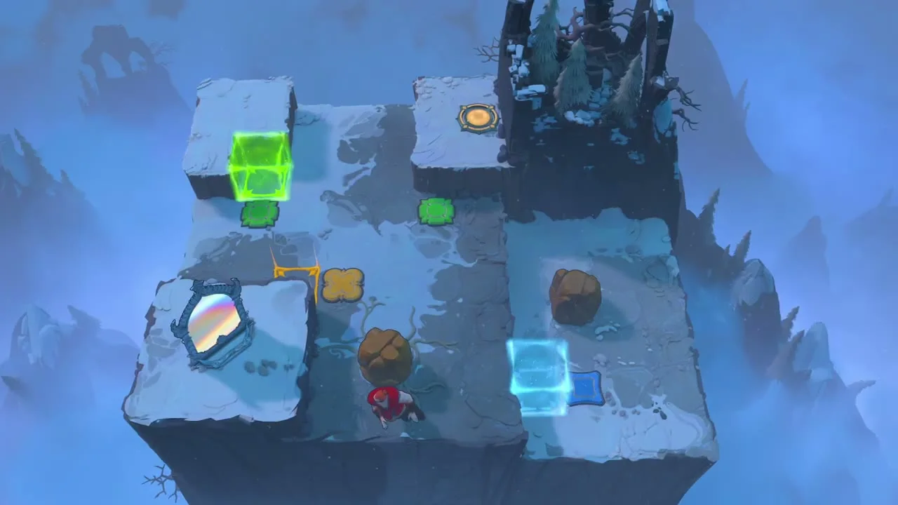 Order of the Sinking Star Mirrors and Buttons puzzle 1 on a snowy cliff with a mirror, a green block, a blue block, boulders and coloured floor buttons
