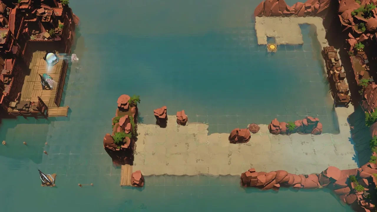 Order of the Sinking Star Mirrors and Stones 5 puzzle with a wide stretch of water, a mirror on a wooden dock and a sandbar with rocks