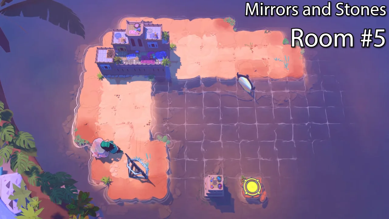 Order of the Sinking Star Mirrors and Stones Advanced puzzle 5 on a sandy island with a small building, a mirror, a stone beside the hero and a yellow goal pad