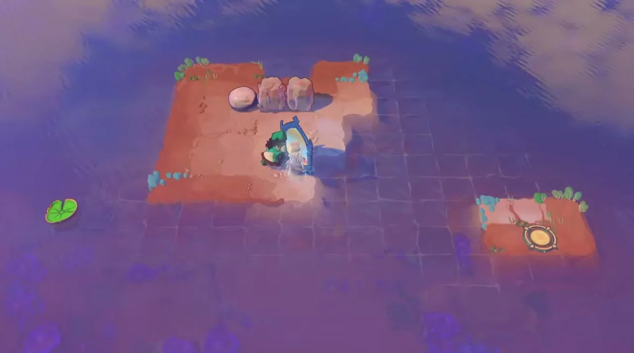 Order of the Sinking Star Mirrors and Stones puzzle with a character beside a mirror on a red island, a stone, two rocks and a lily pad