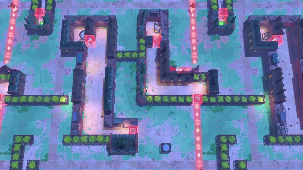 Order of the Sinking Star Reflected Beams puzzle with red beams, red blocks and hedge walls in a symmetrical maze