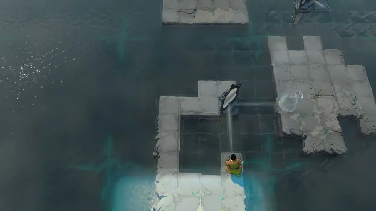 Order of the Sinking Star Reflected Beams puzzle with the Trader standing beside a mirror on a stone platform over water