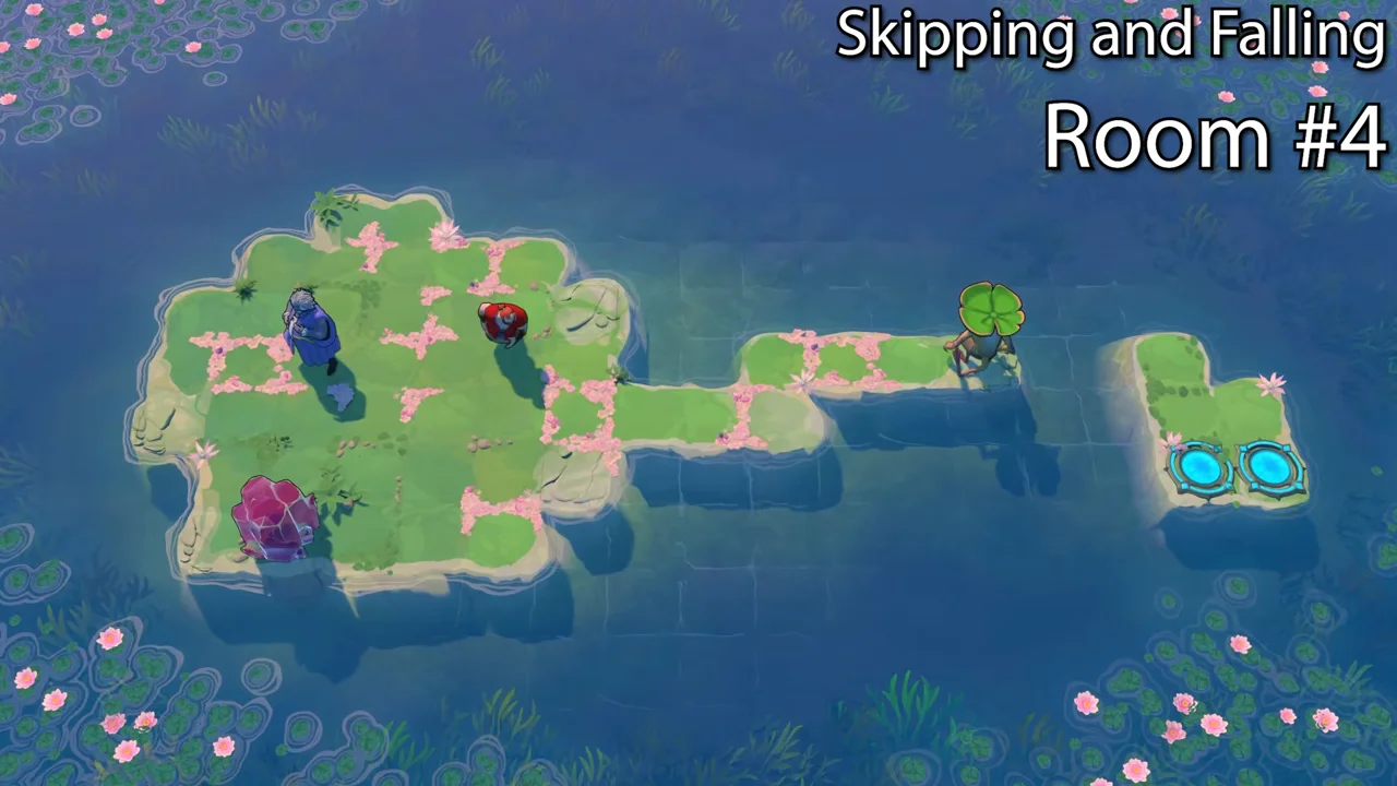 Order of the Sinking Star Skipping and Falling Room 4 with flower-covered islands in blue water, three heroes, a pink crystal, a lily pad and two blue goal pads