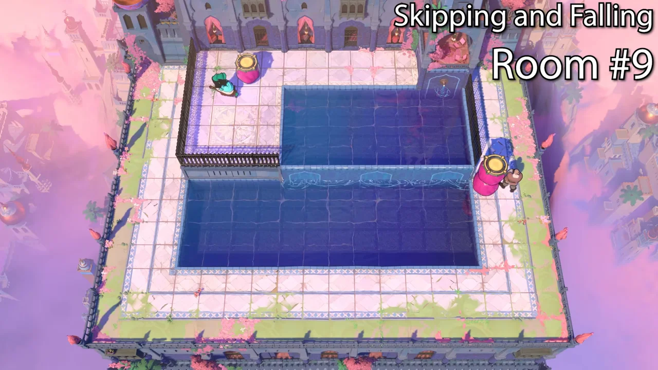 Order of the Sinking Star Skipping and Falling Room 9 in a pink-lit palace courtyard with two pools, two pink pots with gold lids and two heroes