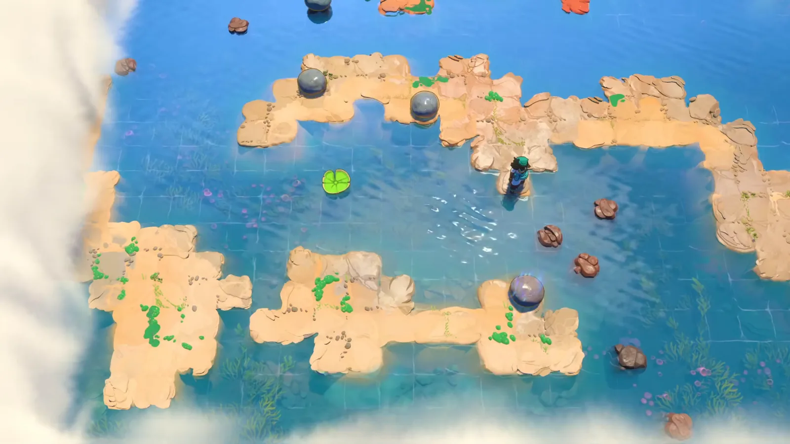 Order of the Sinking Star Skipping Stones puzzle with grey stones on sand islands and a green lily pad