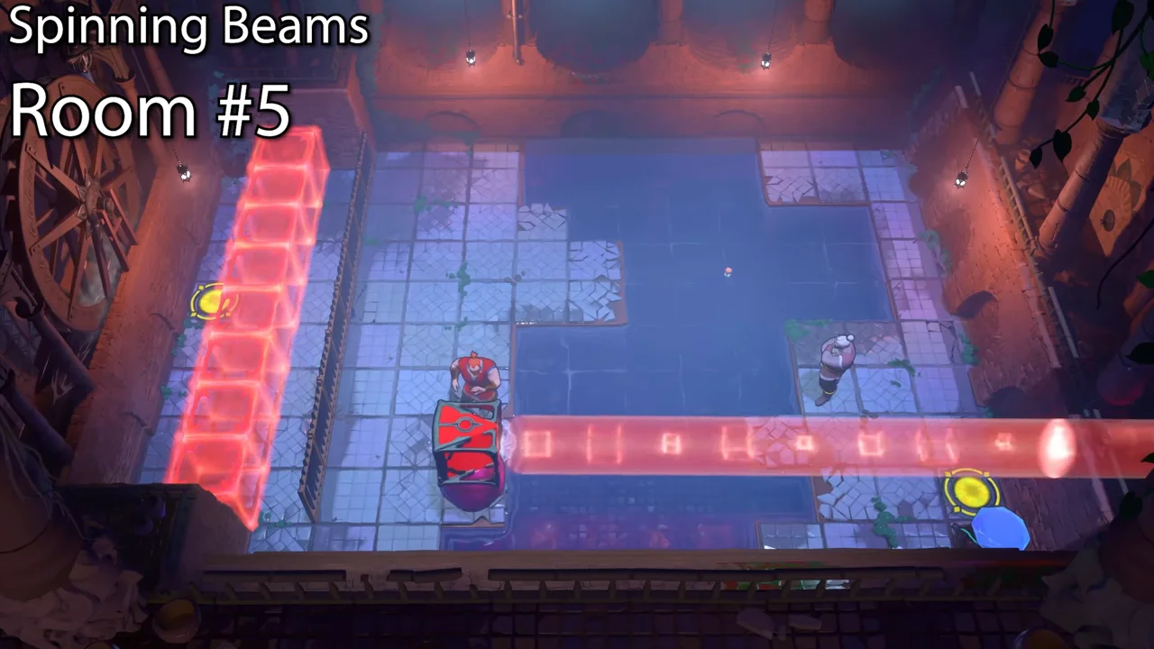 Order of the Sinking Star Spinning Beams puzzle 5 with a red beam running right from a red block, a red beam wall on the left, two heroes and yellow goal pads