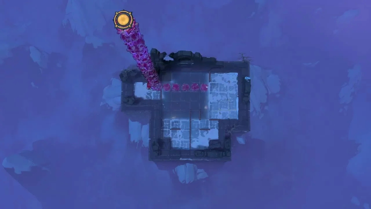 Order of the Sinking Star Stacks and Water puzzle 6 big star with a tall column of stacked pink crystals leading to a gold goal from a dark island