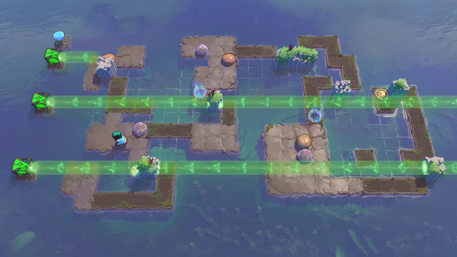 Order of the Sinking Star Stones Illuminated puzzle 3 with three green beams crossing stone platforms over water