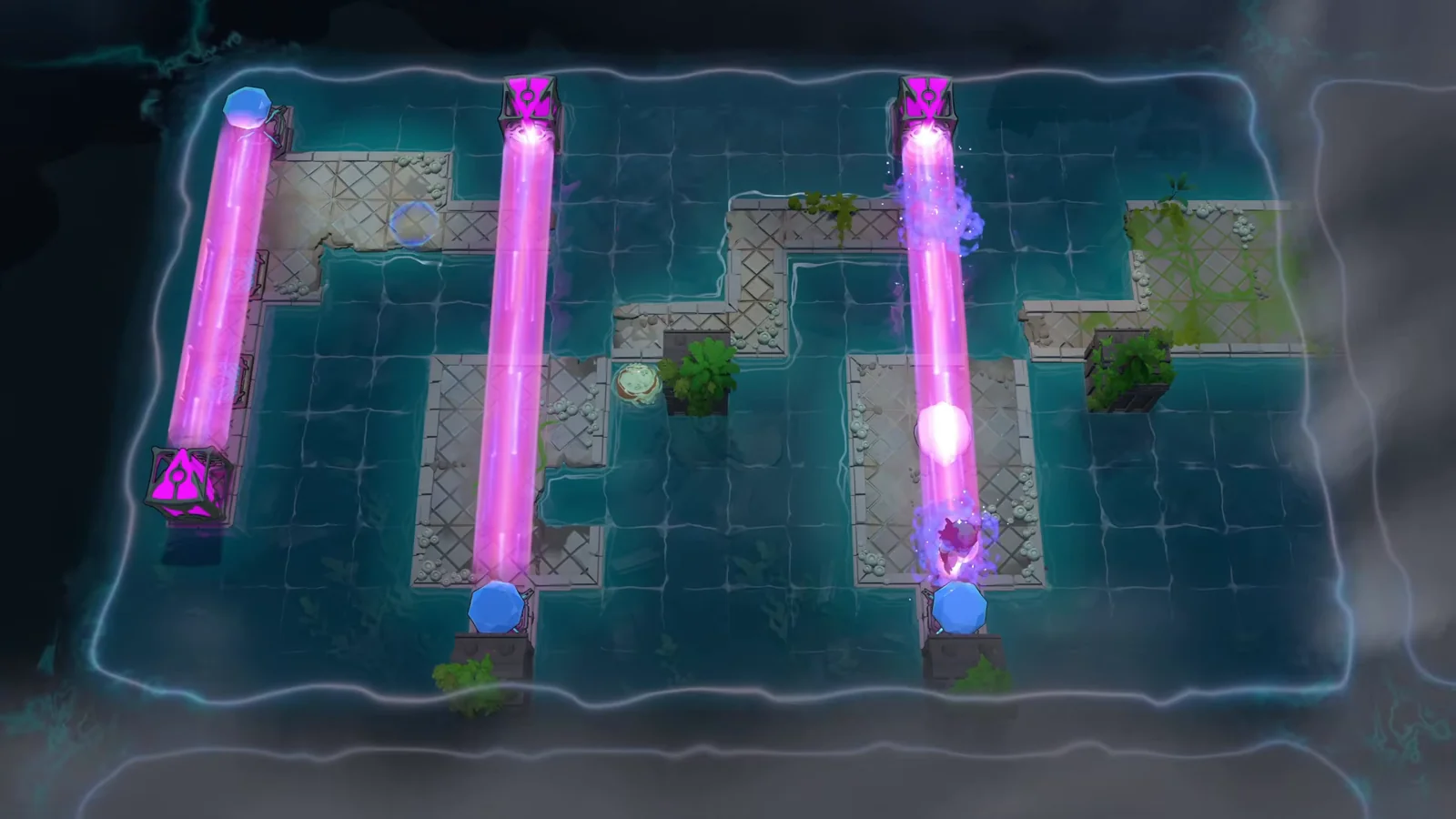 Order of the Sinking Star Stones Illuminated puzzle 6 below with three violet beams and blue gem holders
