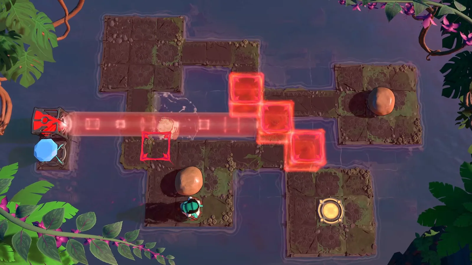 Order of the Sinking Star Stones Illuminated puzzle 18 with a red beam crossing red blocks on dark ground