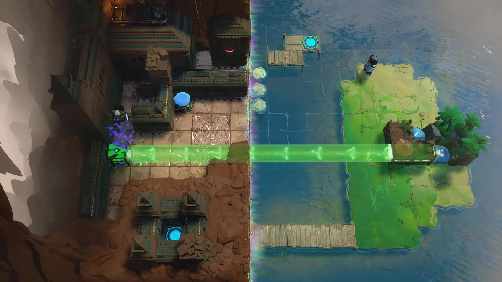 Order of the Sinking Star SxB gold room with a green beam crossing the water beside the skipping stones side