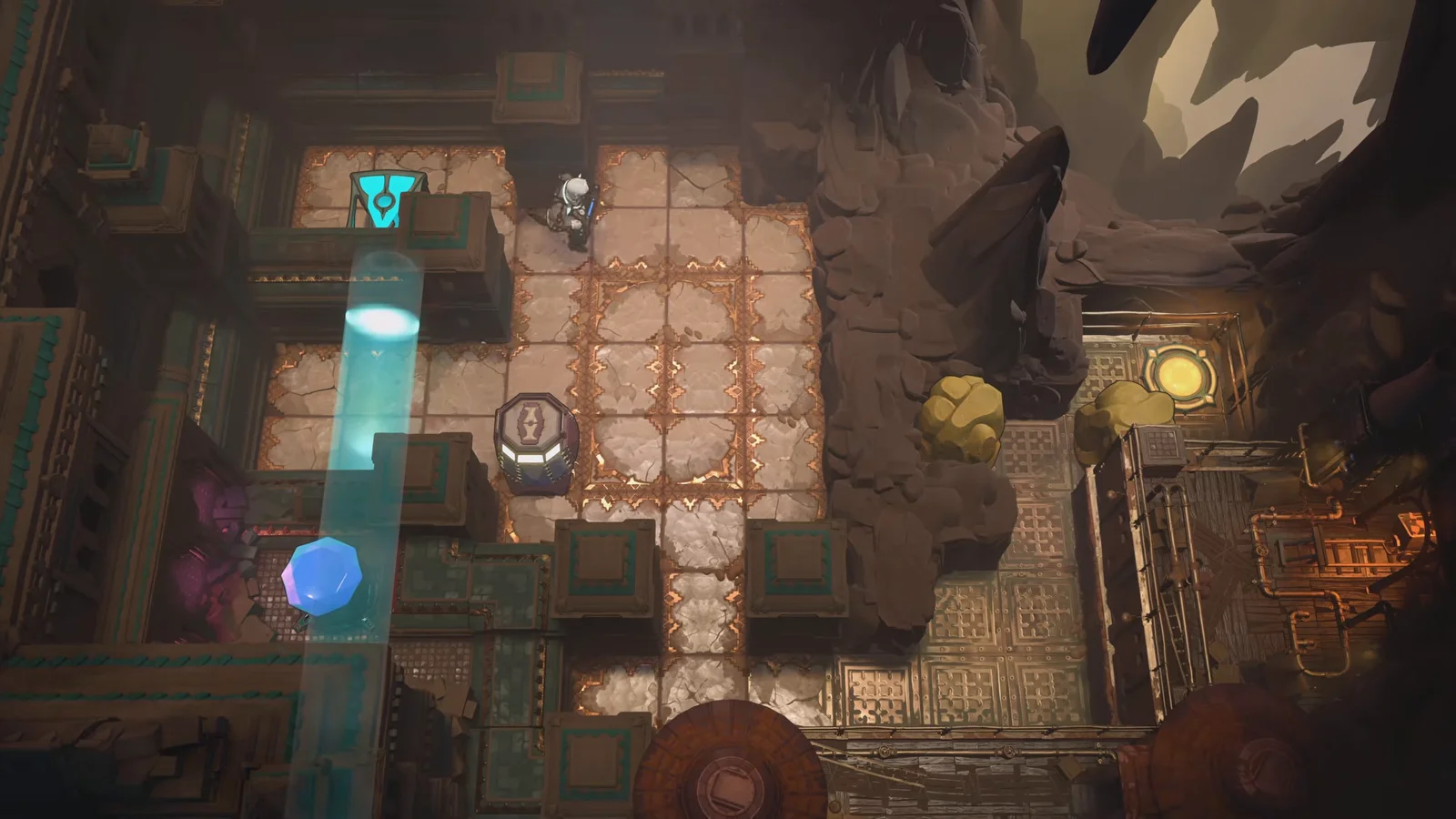Order of the Sinking Star Torc puzzle room with a cyan beam, blocks and a blue gem
