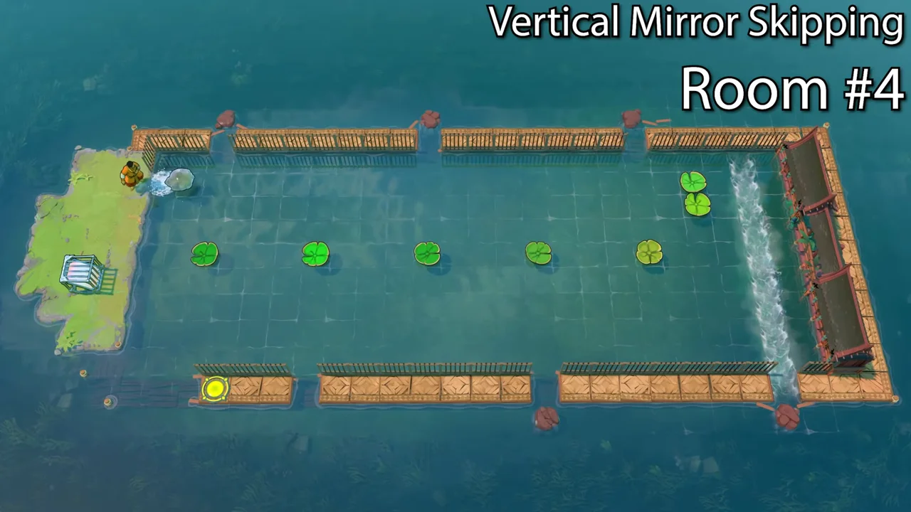 Order of the Sinking Star Vertical Mirror Skipping Room 4 with a row of lily pads on green water, a caged platform on the left, fenced walkways and a waterfall on the right