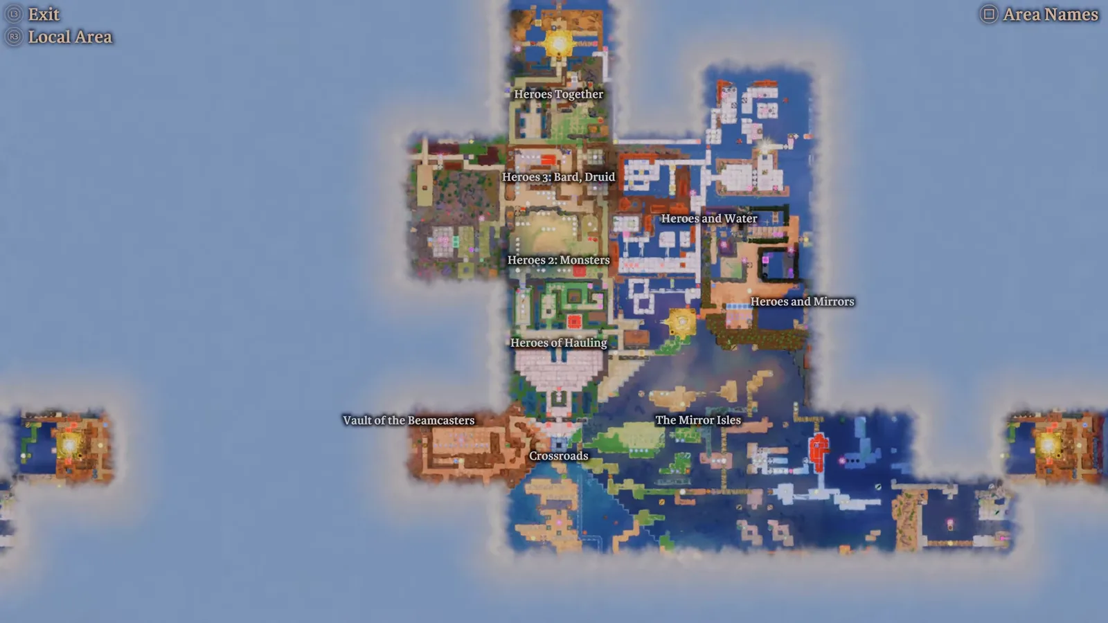 Order of the Sinking Star world map with area names: Crossroads, Vault of the Beamcasters, The Mirror Isles, Heroes of Hauling and the Heroes crossover areas